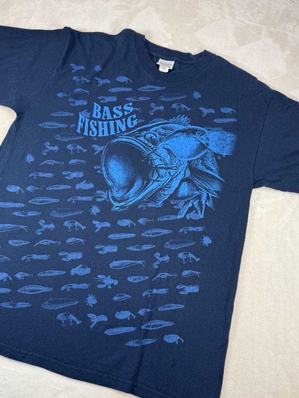 Vintage National Heritage Bass Fishing Graphic T Shirt Blue Lures Mens XL